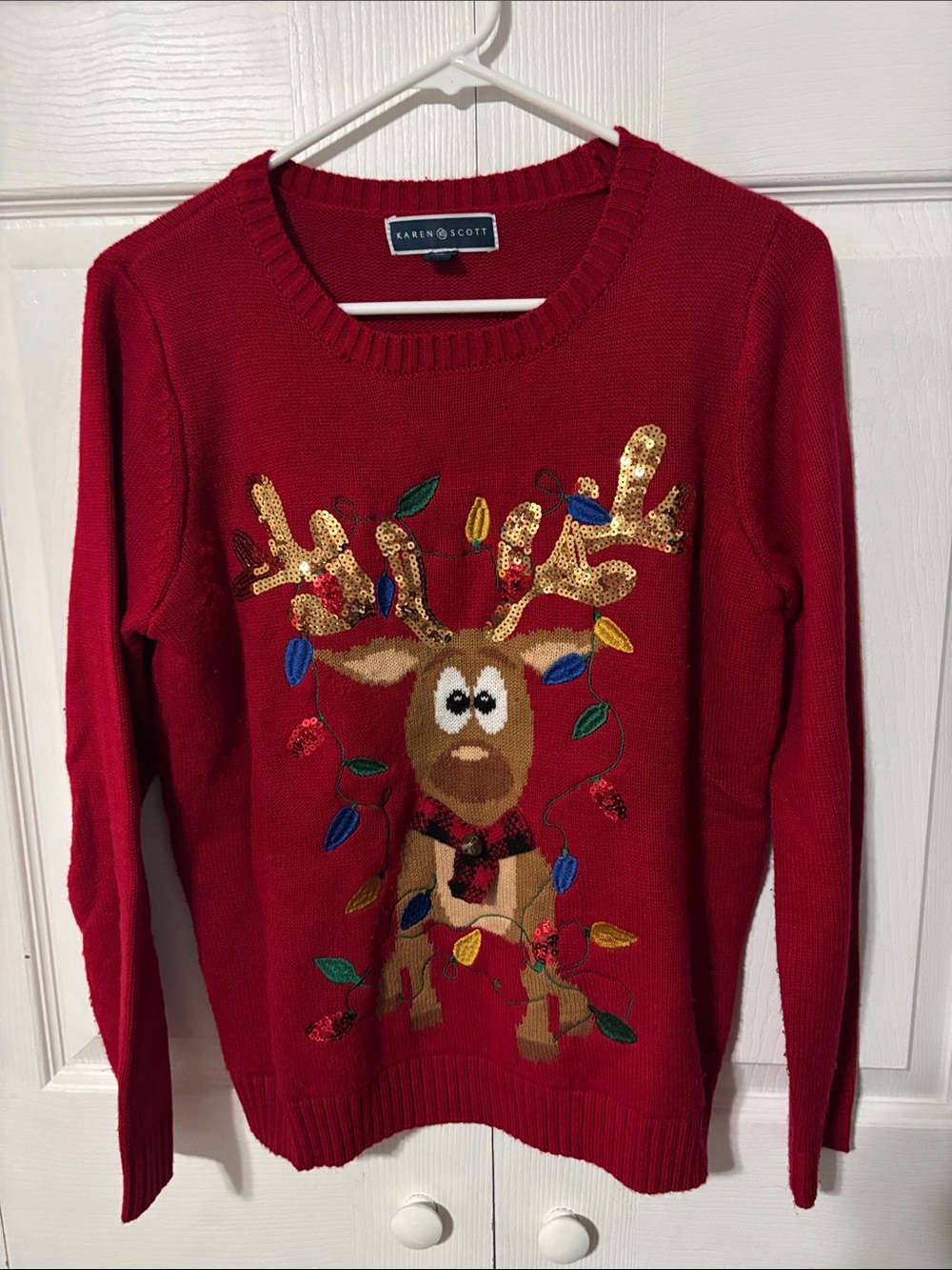 Karen Scott Red Sequin Antler Reindeer Sweater with Bell